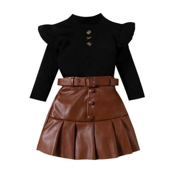 Aojekbee Toddler Girl 2 Piece Outfit Ruffles Long Sleeve Tops and Leather Pleated Skirt Set for Baby Fall Cute Clothes