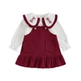thumbnail image 1 of Aojekbee Toddler Girl Fall Outfit Long Sleeve Doll Collar Button Down Shirt with Ruffled Overall Dress 2 Pcs Set, 1 of 10