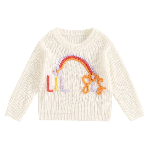 Aojekbee Toddler Girl Fall Sweater Rainbow Letter Embroidery Long Sleeve Round Neck Chunky Knitwear Pullover