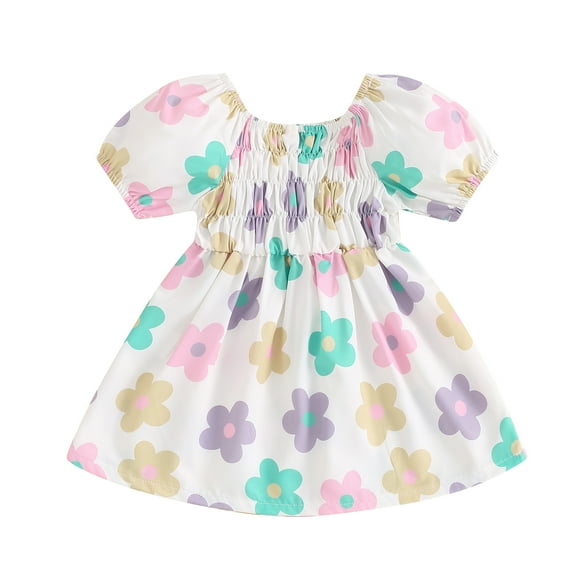 Aojekbee Toddler Girl Summer Floral Print Dress Short Sleeve Scoop Neck Shirred A-Line Dress