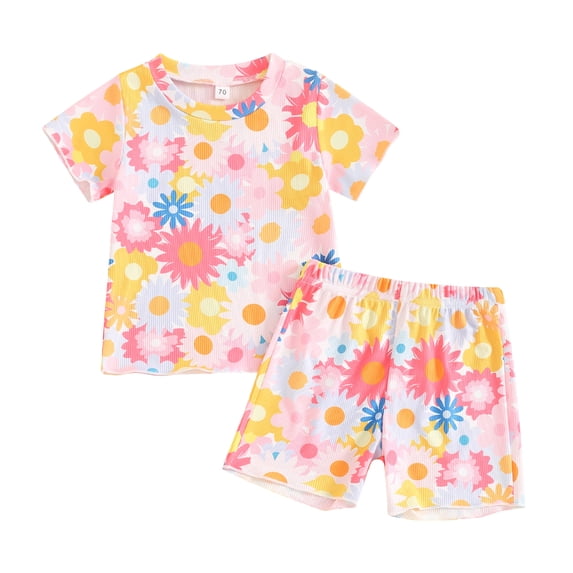 Aojekbee Toddler Girl Summer Outfit Flower Print Round Neck Short Sleeve T-Shirts Tops and Shorts 2Pcs Clothes Set