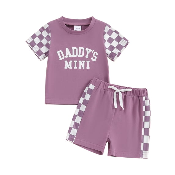 Aojekbee Toddler Girl Summer Outfit Letter Print Checkerboard Short Sleeve Tops Elastic Waist Shorts 2Pcs Clothes Set