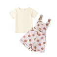 thumbnail image 1 of Aojekbee Toddler Girl Summer Outfit Solid Color Ribbed Short Sleeve Tops and Flower Print Suspender Shorts Overalls 2Pcs Clothes Set, 1 of 10