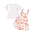 thumbnail image 1 of Aojekbee Toddler Girl Summer Outfit Solid Color Ribbed Short Sleeve Tops and Flower Print Suspender Shorts Overalls 2Pcs Clothes Set, 1 of 10