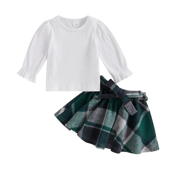 Aojekbee Toddler Girls Fall Outfits Solid Ribbed Long Sleeve Tops with Plaid Print A-Line Skirt and Belt Set