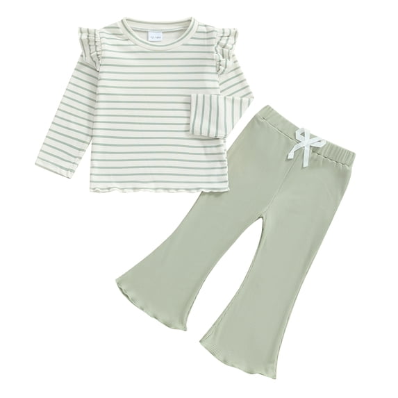 Aojekbee Toddler Girls Lacy Set Striped Long Sleeve Ruffled Tops Elastic Waist Drawstring Long Flare Pants Outfits