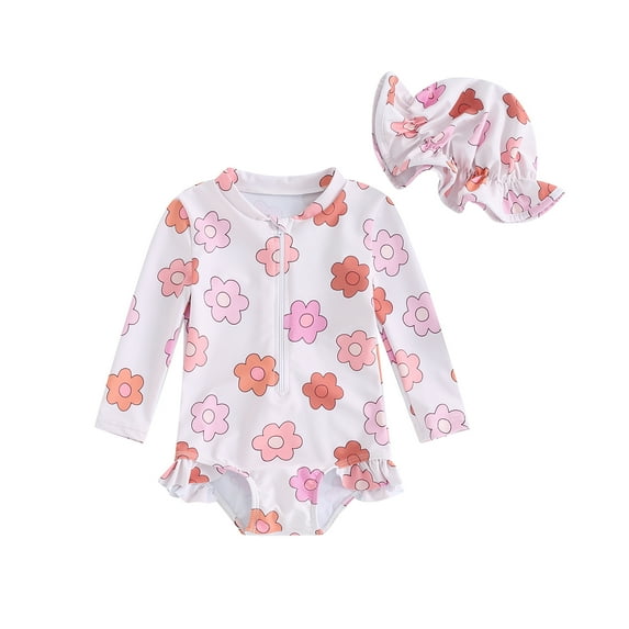 Toddler Girls Rash Guard Swimsuit Rompers Long Sleeve Flower Print Ruffles Zipper Kids Bathing Suit Swimwear with Swim Cap