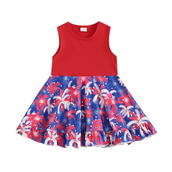 Aojekbee Toddler Girls Summer Dress Casual 4th of July Firework Print Sleeveless A-Line Dress for Beach Party Cute Clothes