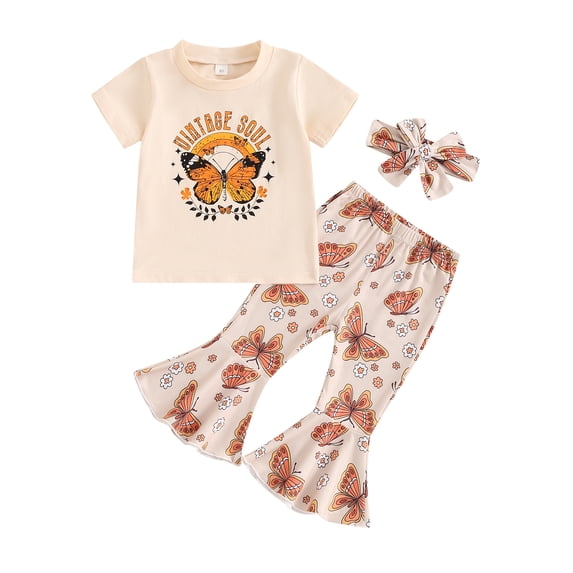 Aojekbee Toddler Girls Summer Outfits Butterfly Letter Print Short Sleeve T-Shirts Flare Pants 2Pcs Clothes Set