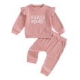 thumbnail image 1 of Aojekbee Toddler Girls Waffle Set Letter Embroidered Long Sleeve Ruffled Tops Elastic Waist Pockets Long Pants Outfits, 1 of 10