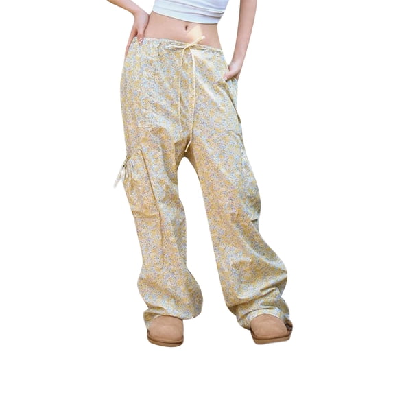 Aojekbee Women Baggy Pants Drawstring Waist Wide Leg Floral Pants Multiple Pockets Cargo Trousers