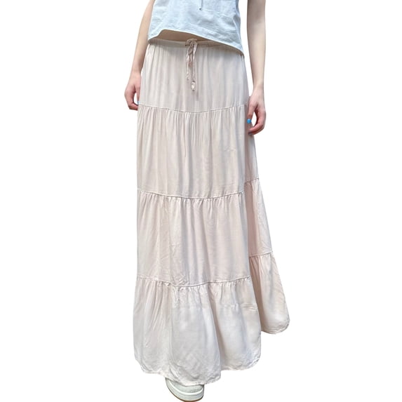 Aojekbee Women Long Skirt, Elegant Low Waisted Skirt Pleated Solid Flowy Summer Skirt for Casual Daily