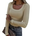 thumbnail image 1 of Aojekbee Women Long Sleeve T-Shirts Ribbed Solid Color Scoop Neck Casual Shirts Spring Fall Slim Fit Tops, 1 of 6