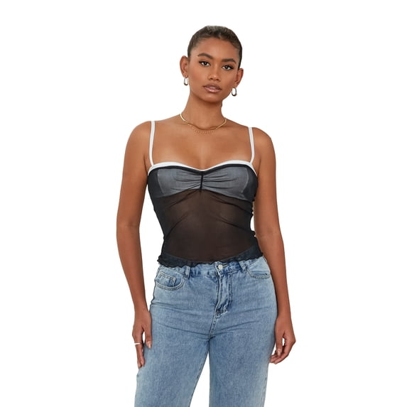 Aojekbee Women Spaghetti Strap Camisoles Patchwork Mesh Sleeveless Backless Tank Tops Summer Vests Bustier Tops Streetwear