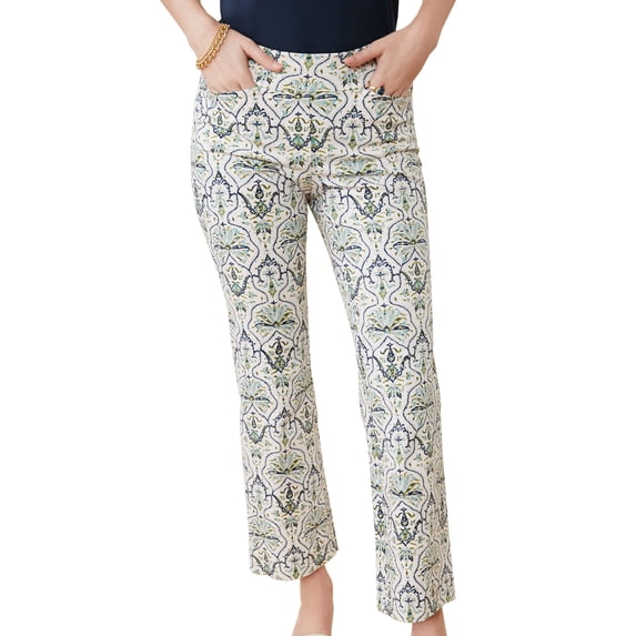 Aojekbee Women Spring Summer Flared Pants Elastic Waistband Plaid/Floral/Geometric Pattern Print Pants Slim Fit Bell-bottom Pants