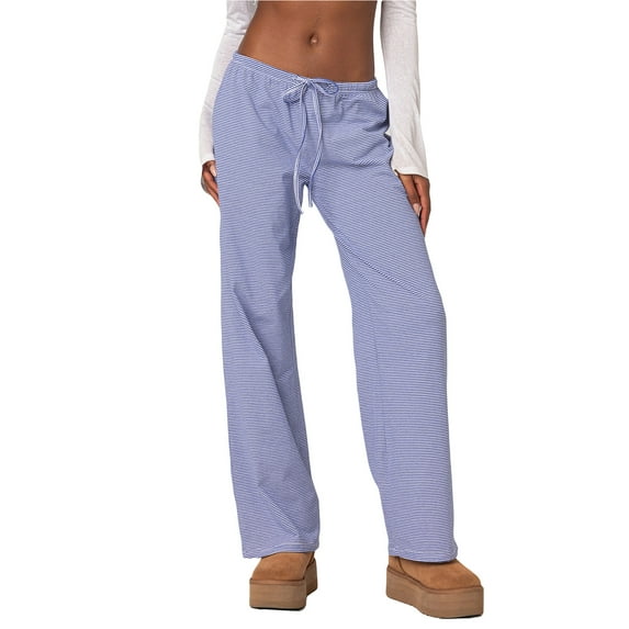 Aojekbee Women Striped Pajama Pants, Elastic Waist Tie-up Loose Lounge Pants Fall Sleepwear