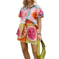 thumbnail image 1 of Aojekbee Women Summer Shorts Outfits Sun Print Short Sleeve Shirts Tops Elastic Waist Shorts 2 Pieces Clothes Set, 1 of 10