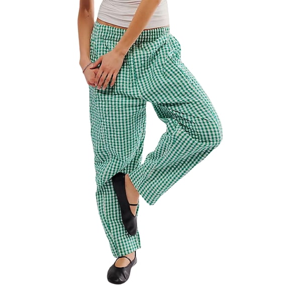 Aojekbee Women's Spring Summer Baggy Pants Elastic Waistband Wide Leg Plaid Pants with 2 Pockets