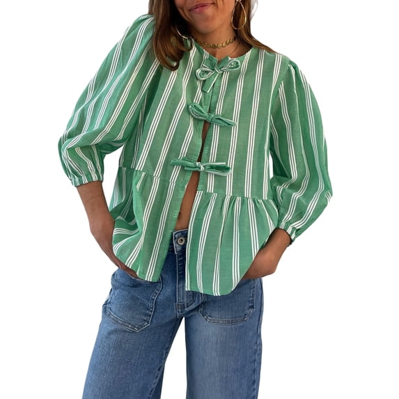 Aojekbee Women's Spring Summer Casual Shirts 3/4 Sleeve O Neck Solid Color/Striped Blouse