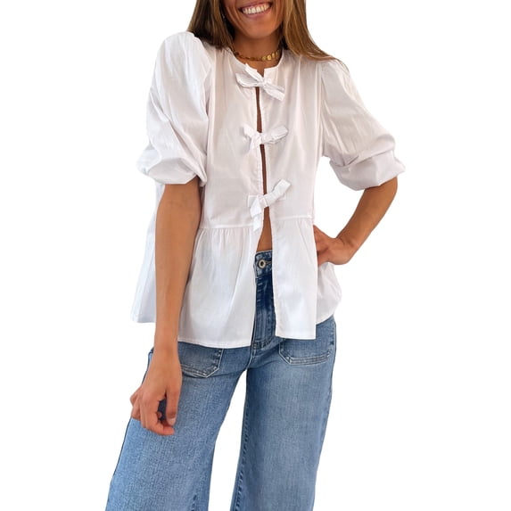 Aojekbee Women's Spring Summer Casual Shirts 3/4 Sleeve O Neck Solid Color/Striped Blouse