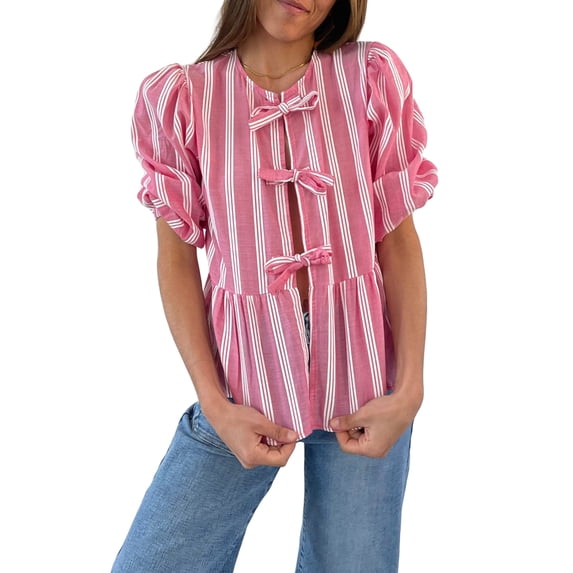 Aojekbee Women's Spring Summer Casual Shirts 3/4 Sleeve O Neck Solid Color/Striped Blouse
