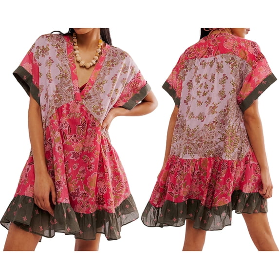 Aojekbee Women's Summer Babydoll Dress Bohemian Floral Print Short Sleeve V-Neck Flowy Dress with Pockets