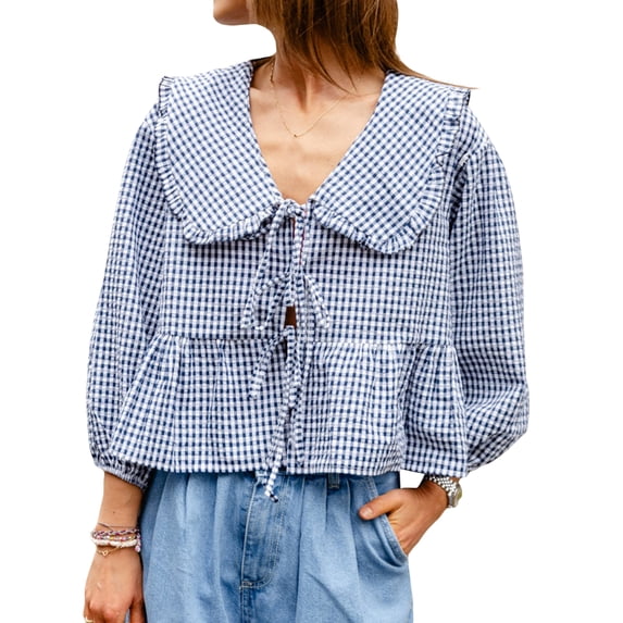 Aojekbee Women's Summer Sweet Shirt Plaid Print Lantern Long Sleeve Doll Collar Bow Tie-Up Front Loose Peplum Tops