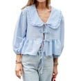 thumbnail image 1 of Aojekbee Women's Summer Sweet Shirt Plaid Print Lantern Long Sleeve Doll Collar Bow Tie-Up Front Loose Peplum Tops, 1 of 10
