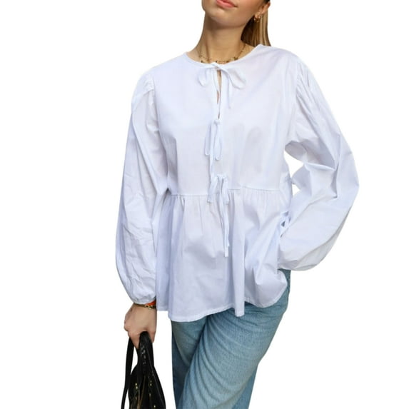 Aojekbee Women’s Tie Front Tops Long Sleeve Round Neck Loose Fit Babydoll Shirts Spring Fall Blouses