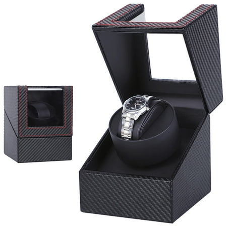 Aokelily Automatic Single Watch Winder, in Wood Shell and Black Leather/Carbon Fiber Leather, Japanese Motor