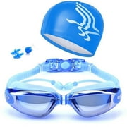 Aokelily Swimming Goggles Waterproof and Cap Set 4 in 1, UV 400 Protection Lenses Clear Anti-Fog