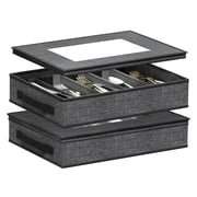 Aokeyee 2 Pack Silverware Storage Box with Adjustable Dividers, 5 Compartment Silverware Organizer with Lid Handle for Utensil, Flatware, Knives, Gray