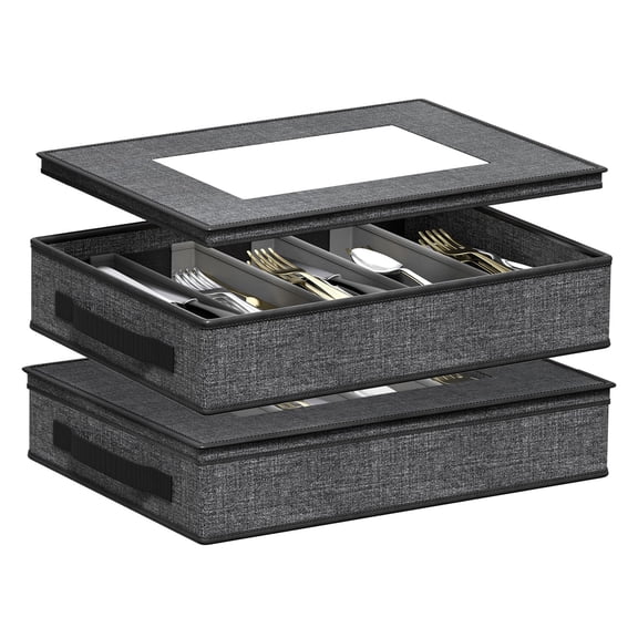 Aokeyee 2 Pack Silverware Storage Box with Adjustable Dividers, 5 Compartment Silverware Organizer with Lid Handle for Utensil, Flatware, Knives, Gray