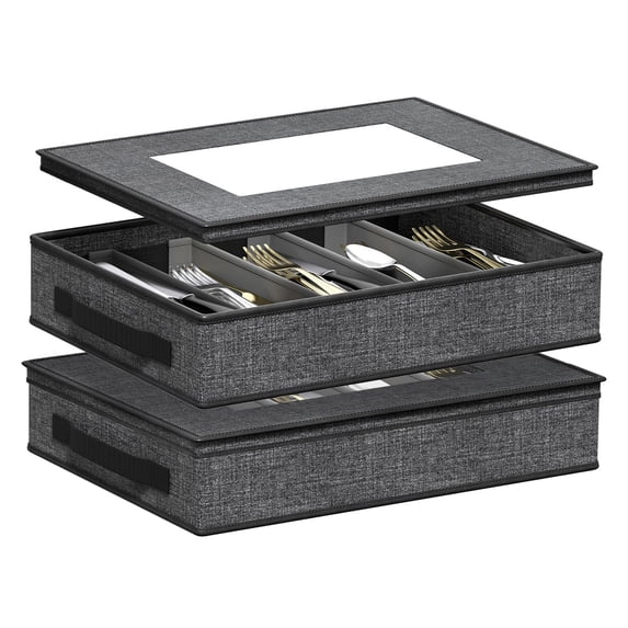 Aokeyee 2 Pack Silverware Storage Box with Adjustable Dividers, 5 Compartment Silverware Organizer with Lid Handle for Utensil, Flatware, Knives, Gray