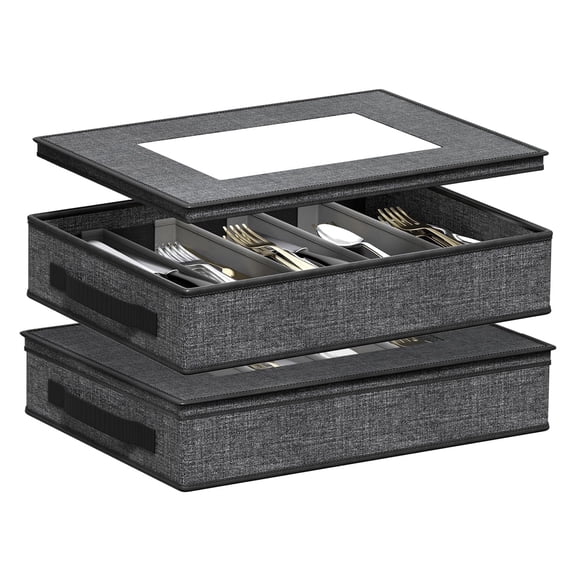 Aokeyee 2 Pack Silverware Storage Box with Adjustable Dividers, 5 Compartment Silverware Organizer with Lid Handle for Utensil, Flatware, Knives, Gray