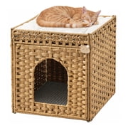 Aokeyee Cat Litter Box Enclosure Furniture, Hidden Litter Box with Mat and Fence, Handwoven Rattan Cat House Indoor Pet House for Living Room, BedroomNatural
