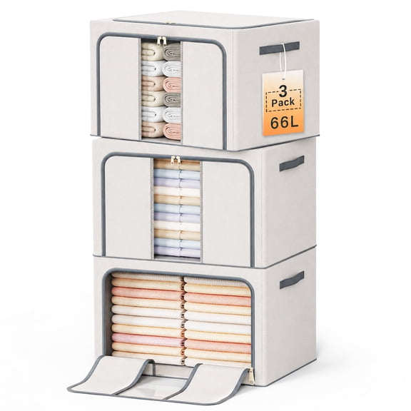 Aokeyee Closet Storage Bins with Metal Frame, Foldable Closet Organizers Storage Containers for Clothes, Sheets, Blankets, Pillows 66L 3 Pack Grey