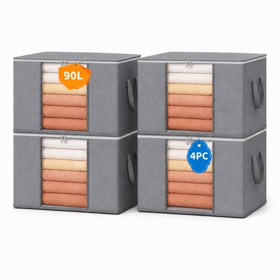 Aokeyee Clothes Storage Bags,90L Large Storage Bags,4 Pack Clothes Storage Bins with Zippers, Clear Window and Reinforced Handles for Clothing, Blanket, Comforters, Bed Sheets,Bedding (Gray)