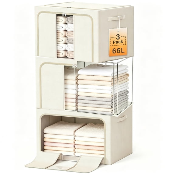 Aokeyee Clothes Storage Bins with Metal Frame, Foldable Clothes Organizers Storage Containers for Clothes, Sheets, Blankets, Pillows 66L 3 Pack Beige