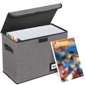 Aokeyee Comic Book Organizer, Collapsible Book Box Holds 150 Comics with Carrying Handles Heavy Duty Stackable 15.5" ×7.5" × 11.3" Grey