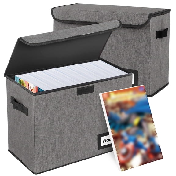 Aokeyee Comic Book Storage Box, 2 Pack Collapsible Book Box Holds 150 Comics with Carrying Handles Heavy Duty Stackable 15.5" ×7.5" × 11.3" Grey