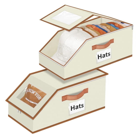 Aokeyee Hat Boxs for Baseball Caps - 2PCS Hat Organizer for Closet Stackable Storage with Clear Window Lid, Breathable Fabric (Beige&Brown)