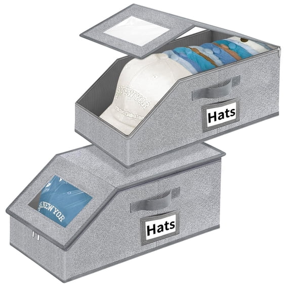 Aokeyee Hat Boxs for Baseball Caps - 2PCS Hat Organizer for Closet Stackable Storage with Clear Window Lid, Breathable Fabric (Grey)