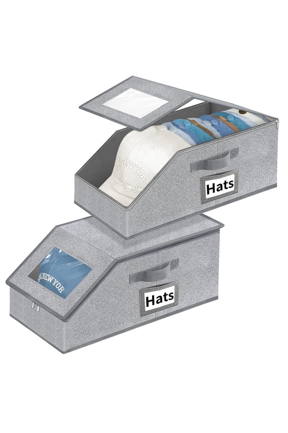 Hat Organizer for Baseball Caps - 2PCS Stackable Storage with Clear Window Lid, Flip-Top Access, Space-Saving Hat Box for Closet, Breathable Fabric
