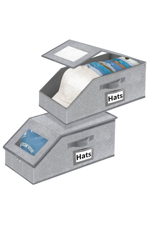 Hat Organizer for Baseball Caps - 2PCS Stackable Storage with Clear Window Lid Flip-Top Access, Space-Saving Hat Box for Closet Grey
