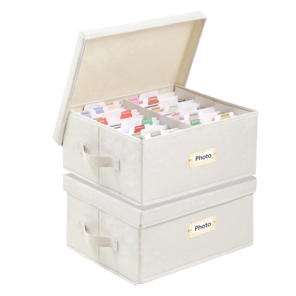 Aokeyee Photo Storage Box, Decorative Linen Photo Containers Organizer for 4x6, Memory Boxes Keepsakes with Lid, Fits Holds Up to 1700 Pictures 2PC