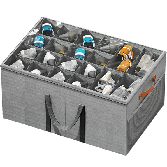 Aokeyee Shoe Storage Closet, Large Shoe Box Space Saving Foldable with Clear Cover, Fits 20-24 Pairs, Grey