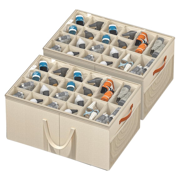 Aokeyee Shoe Organizers for Closet, 2 Pack Large Shoes Organizer Bin Space Saving Foldable with Clear Cover, Fits 24-48 Pairs, Beige