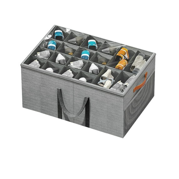 Aokeyee Shoe Storage Organizer for Closet, Large Shoe Box Storage Containers with Clear Cover and Reinforced Handles, Foldable Shoe Storage Organizer Box Bin, Fits to 20-24 Pairs, Grey