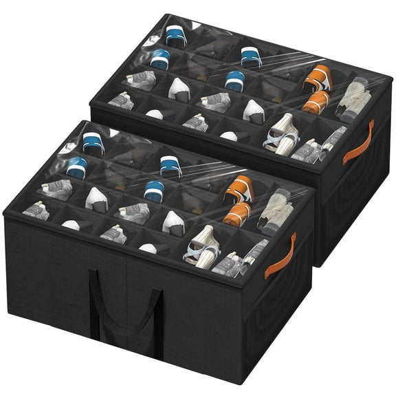 Aokeyee Shoe Shelf, 2 Pack Large Shoe Storage Box Fits up to 24-48 Pairs Foldable with Clear Cover and 4 Reinforced Handles, Black